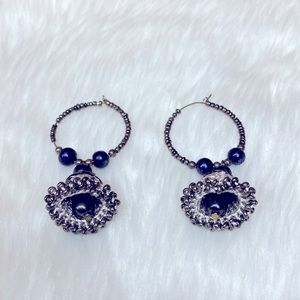 Handmade Crochet Jhumka Dangler Silver & Black Bell Beaded Earrings !